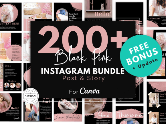 Black Pink Instagram Bundle: 200 Templates to Elevate Your Brand